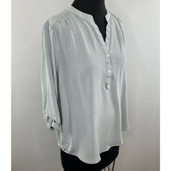 CLOSED White Gray Striped Silk 3/4 Sleeve Split V-Neck Popover Blouse M XL $350 - Picture 3 of 6